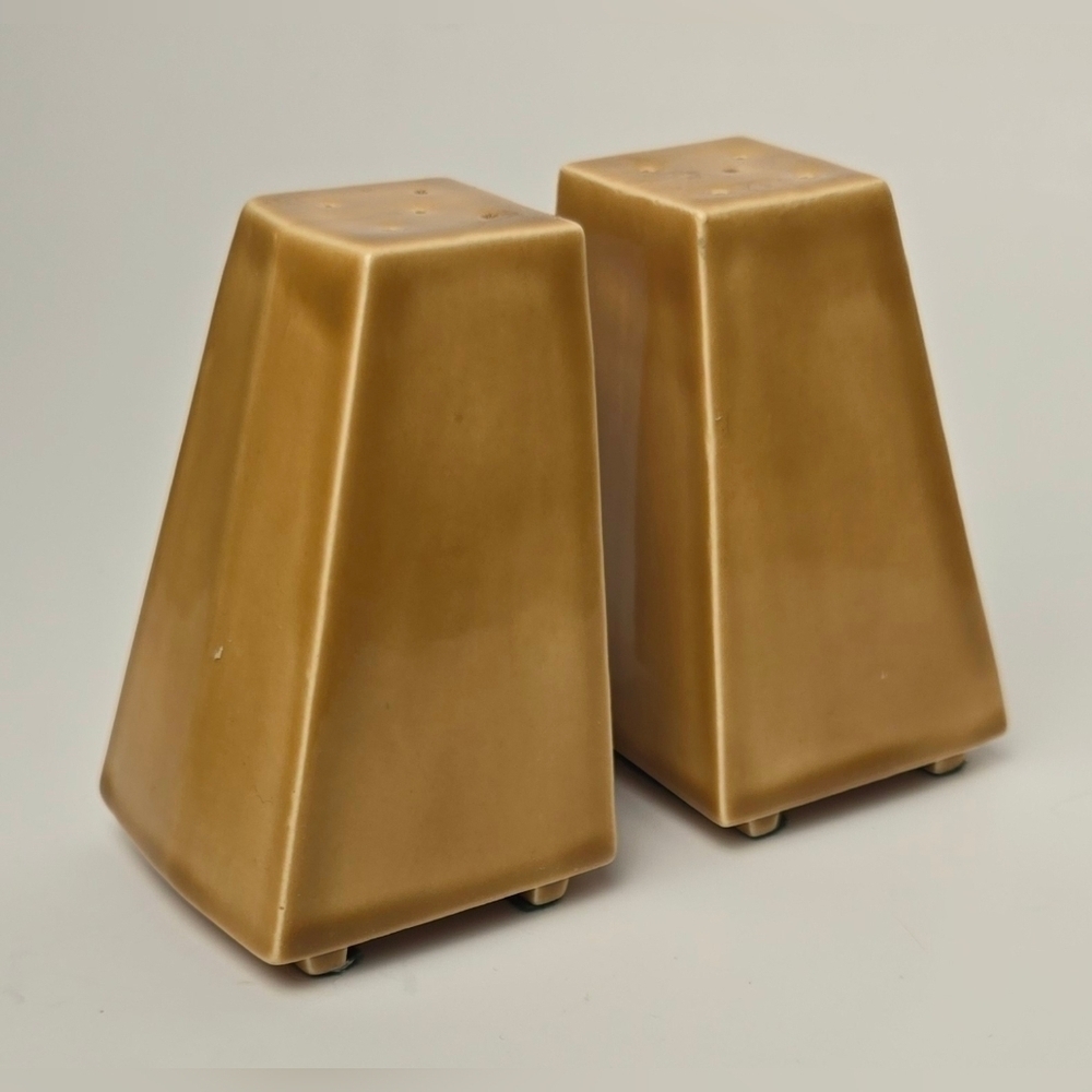 Vintage LeRoi MCM Salt & Pepper Shakers Geometric Tan Brown Ceramic - Picture 4 of 9
